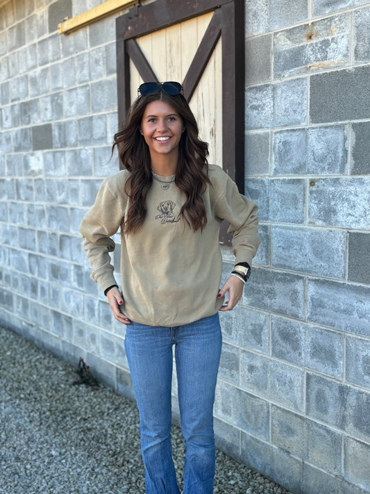 “Pinny Dog” Embriodered Tan Crewneck